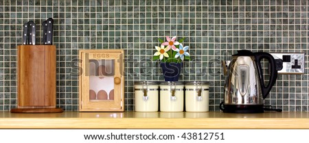 Kitchen worktop with kitchen items on