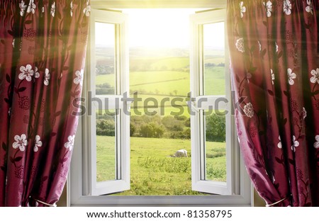 Open window with countryside view and sunlight streaming in