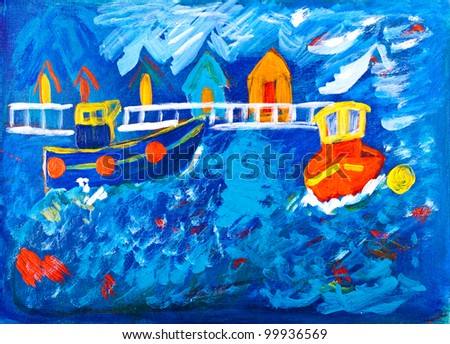 Tug boats at sea acrylic painting