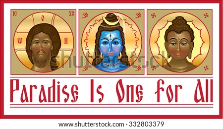 Set the unity of religions, which contains Jesus, Shiva and Buddha. Vector illustration