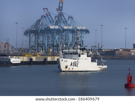 BRUGGE, BELGIUM - CIRCA MARCH 2014: THE A962 Ocean Research Vessel of the Belgian Navy enters the port of Zeebrugge-Seabruges.