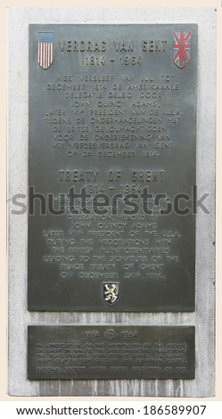 Memorial plaque in shopping street of Ghent remembering the negotiations and signing of the Treaty of Ghent between the USA and the UK in 1814.