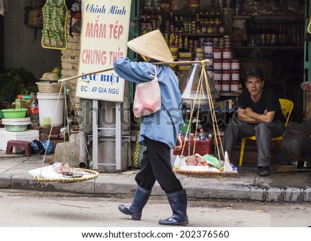 HANOI, VIETNAM - CIRCA MARCH 2012: Female street vendor selling fresh fish off her shoulder held baskets