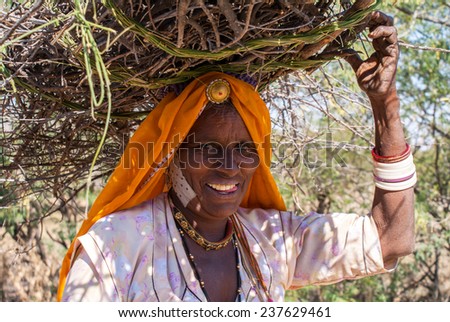 RAJASTHAN, INDIA- FEBRUARY 9, 2011: Closeup of an older, dark-skinned, woman with orange scarf and firewood on her head.