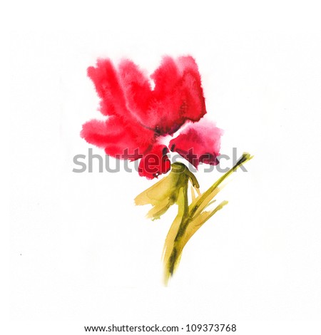 Floral watercolor illustration. the bright red flower creating positive mood. Red paint whiff of a wind and kolykhany winds help to reproduce picturesque dabs.