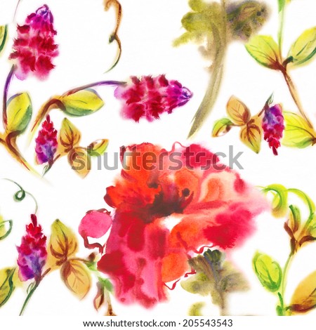 Seamless surface from exotic leaves and the bright flowers, written by water color paints.
