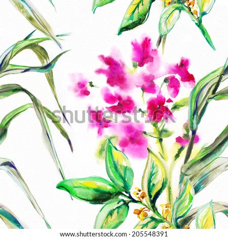Seamless surface from exotic leaves and the bright flowers, written by water color paints.\
\
Album \