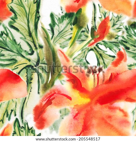 seamless surface from exotic leaves and the bright flowers, written by water color paints.