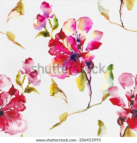 Seamless surface from the exotic leaves end flower, written by watercolor paints.
Album 
