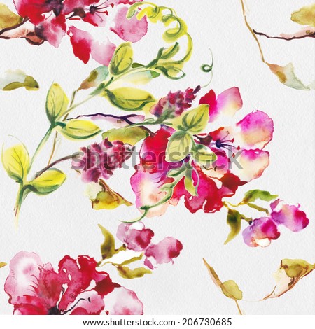 Seamless surface from the exotic leaves end flower, written by watercolor paints.\
Album \