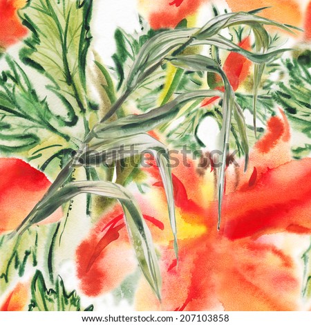 seamless surface from exotic leaves and the bright flowers, written by watercolor paints.