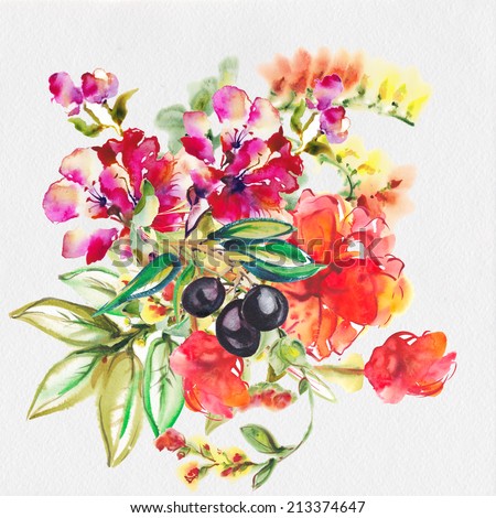 Bright exotic bouquet from flowers and the leaves, drawn with water color paints. 
Album  