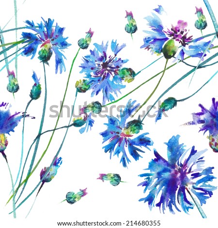 Seamless watercolor flowers.The blue flowers of cornflowers drawn on a white background with water color paints.