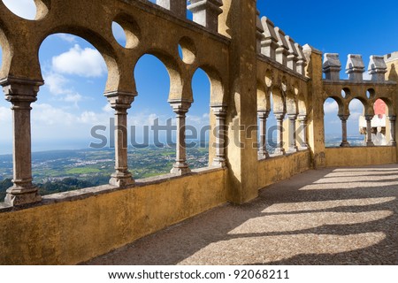 Arabian style arches of a terrace in the Pena palace in Sintra, Portugal