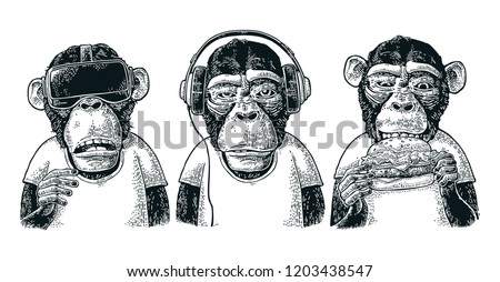 Three wise monkeys in headphones, virtual reality headset and burger. Not see, not hear, not speak. Vintage black engraving illustration for poster. Isolated on white background