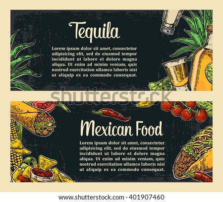 Mexican traditional food restaurant menu template with spicy dish. burrito, tacos, tomato, nachos, tequila, lime. Vector vintage engraved illustration on dark background.  For poster, web