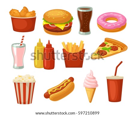 Set fast food icon. Cup cola, donut, ice cream, milkshake, hamburger, pizza, chicken legs, hotdog, fry potato, popcorn, ketchup. Isolated on white background. Vector flat color illustration. For menu