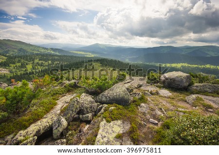 Western Sayan mountains, blue sky, natural Park Ergaki, rocks, lakes, rocks, fog, hills, tourism, vacation, beautiful expanses of Siberia, the test of strength of spirit, sunlight, clouds, forest