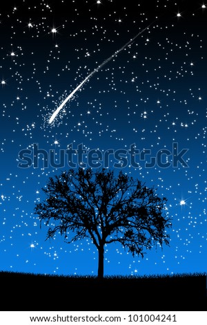 Tree Under Stars with shooting stars at night background