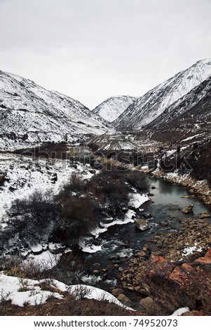 Boom Gorge landscape in Kyrgyzstan (Asia). Cloudy landscape. Early Spring