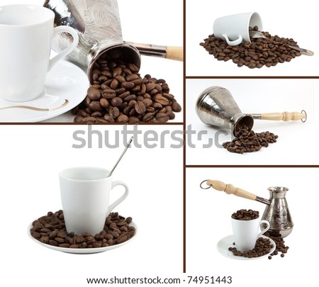 Collage coffee make, coffee grains, cup of coffee on white background