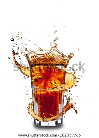 Ice cola drink with splash, isolated on white background