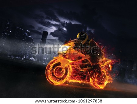 Super-sport fire motorbike with skyscrapers on background. Wallpaper motive with fast motorcycle in dramatic dark scene.