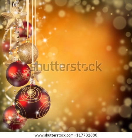Christmas theme with red glass balls and free space for text