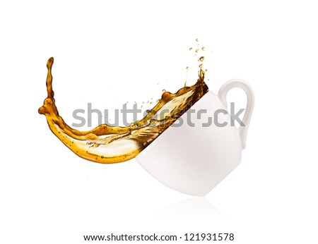 Coffee splashing out of cup, isolated on white background