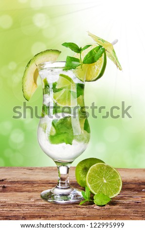Fresh mojito drink with blur green background