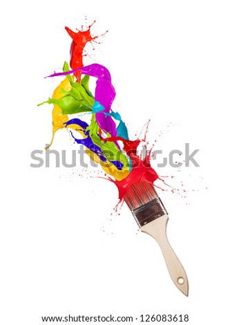 Colored paint splashes splashing from paintbrush on white background Colored paint splashes splashing from paintbrush on white background