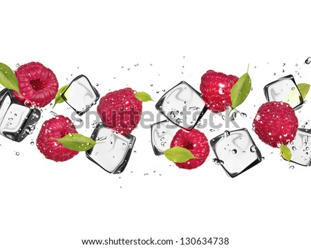 Raspberries with ice cubes, isolated on white background