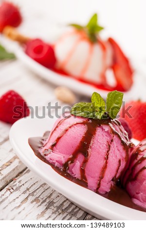 Ice cream cup on wooden table
