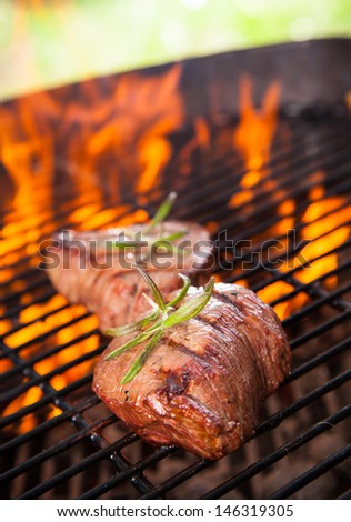 Delicious grilled beef steak with fire on background