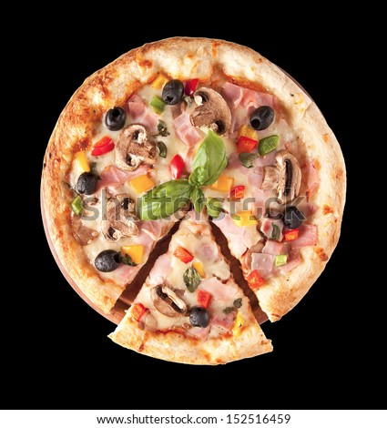 Delicious fresh pizza isolated on black background