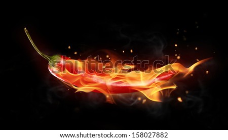 Burning red chilli pepper isolated on black background