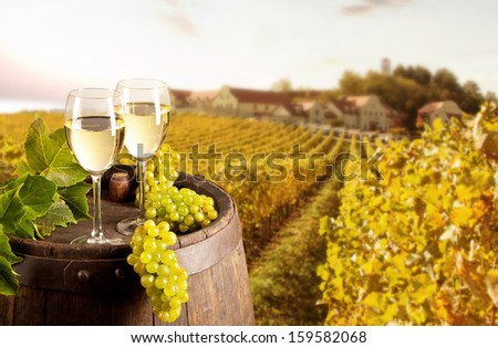 Red wine on wooden keg with vineyard on background