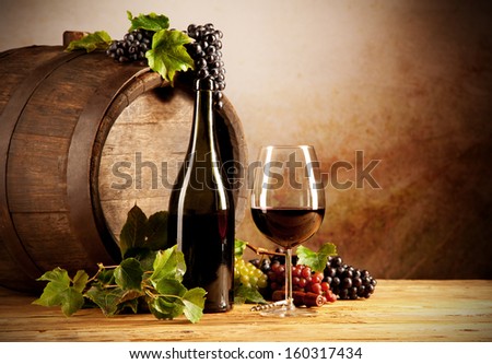 Still life of wine with wooden keg