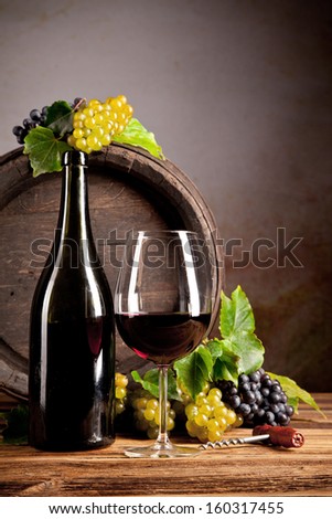 Still life of wine with wooden keg