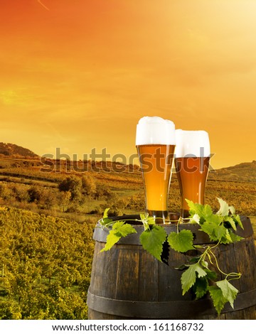 Beer keg with glasses of beer on rural countryside background