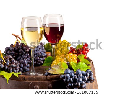 Red And White Wine On Wooden Keg Isolated On White Background