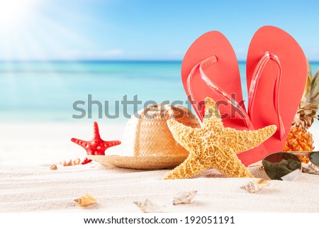 Summer concept of sandy beach, straw hat, shells and starfish.