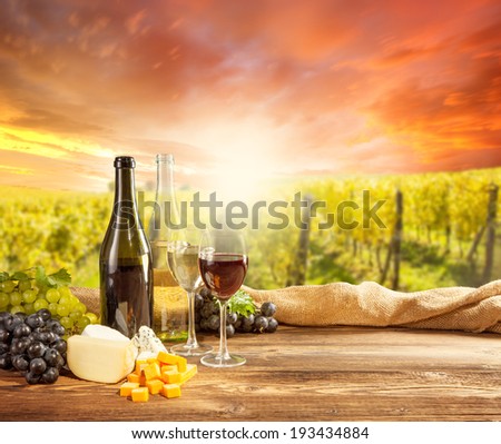 Wine still life with bottle and glass of red wine. Rural vineyard on background