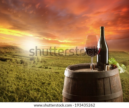 Old wooden keg with bottle and glass of red wine. Rural vineyard on background