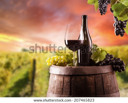 Wine still life on wooden keg with vineyard on background