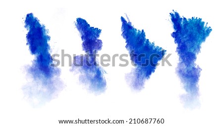 Freeze motion of blue dust explosion collection, isolated on white background