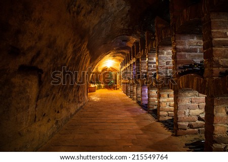 Long exposure of wine cellar with many kinds of wine bottles