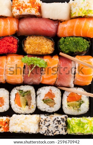 Sushi pieces shot from aerial perspective
