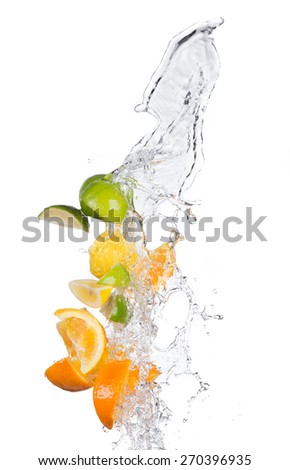 Fresh limes, lemons and oranges with water splashes isolated on white background