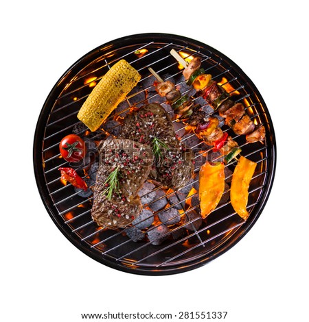 Garden grill with meat and vegetable, isolated on white background